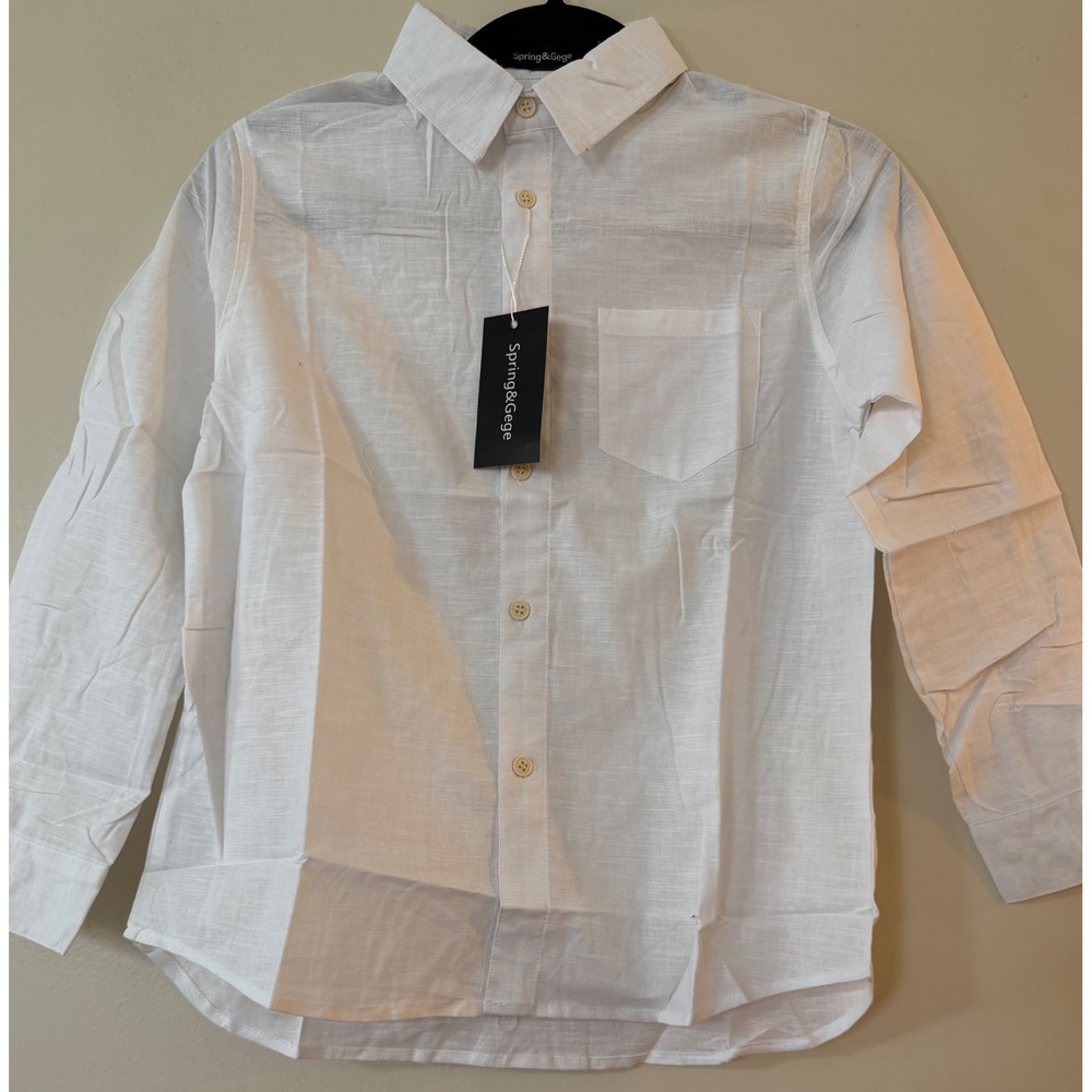 Spring&Gege Kids White Linen Cotton Button Down Shirt Long Sleeve Size L 9-10Y